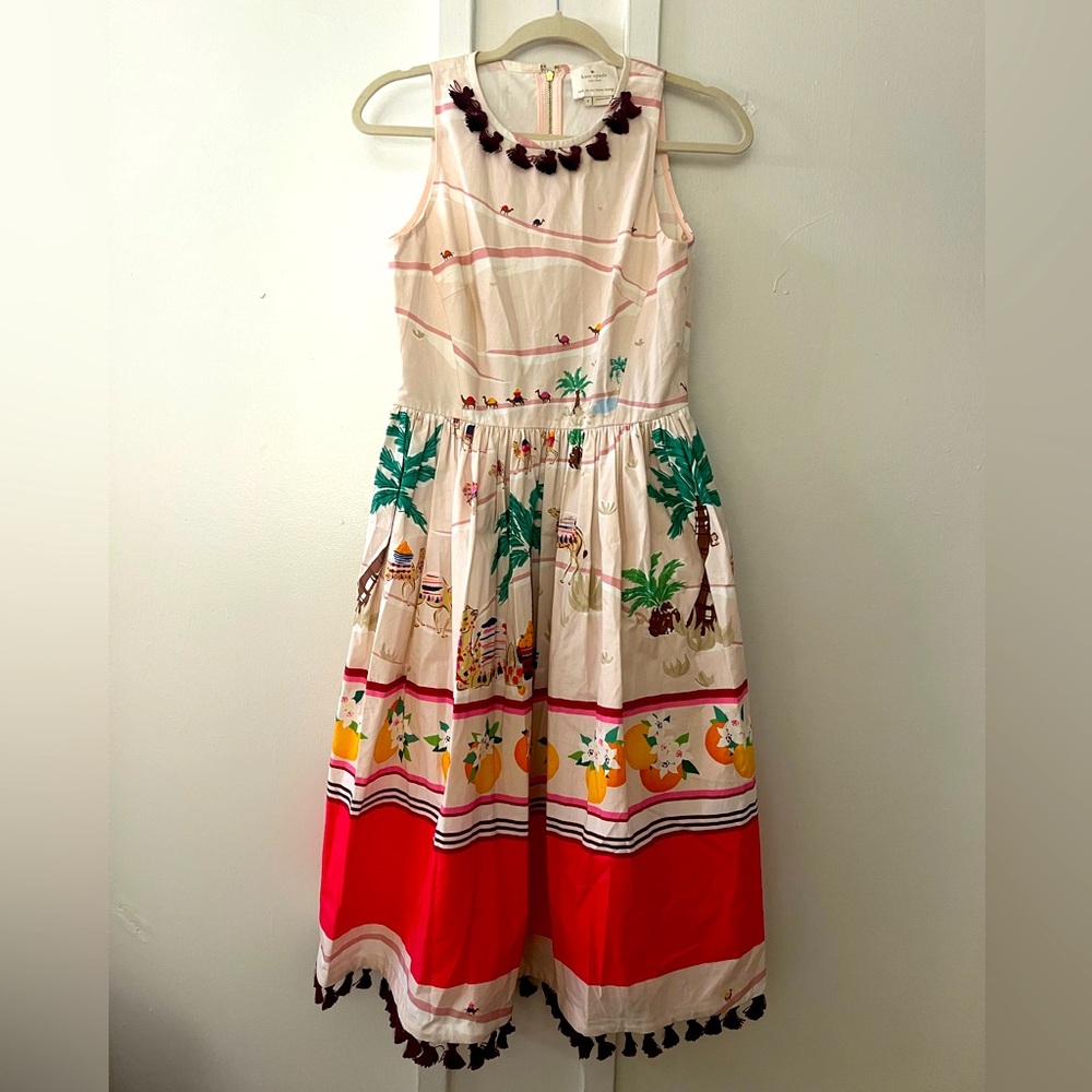 Kate Spade Pink Desert Print Flare Midi Dress with Tassels Size 2